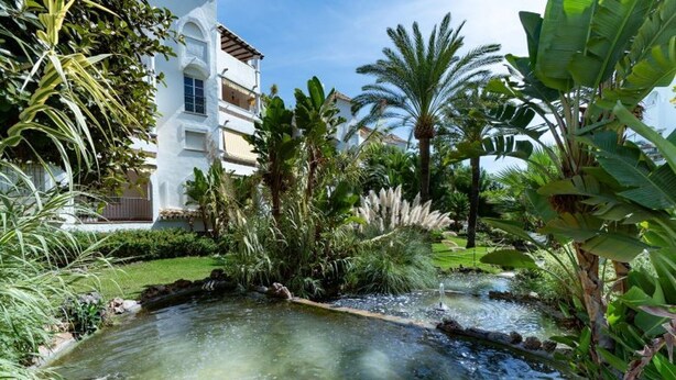 Un jardin luxuriant avec un petit étang, des palmiers et un bâtiment blanc doté de balcons.