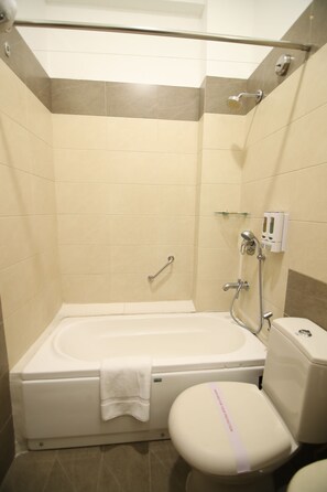 Shower, free toiletries, slippers, towels