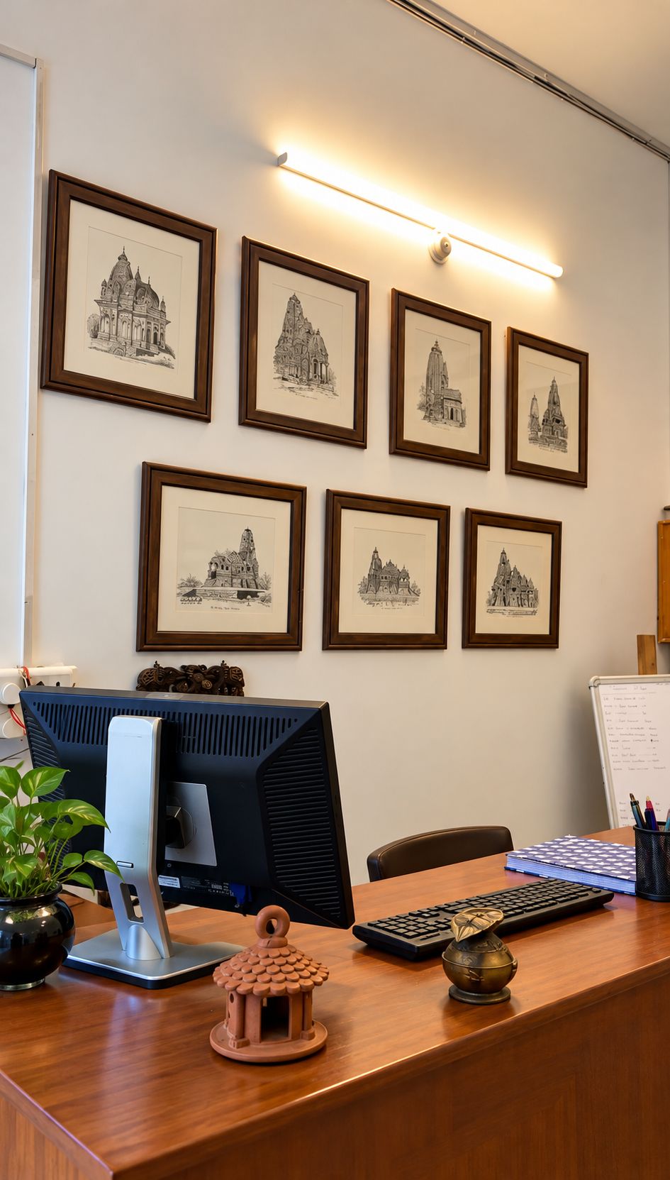 A desk with a computer, keyboard, and decorative items. There are framed architectural drawings on the wall.