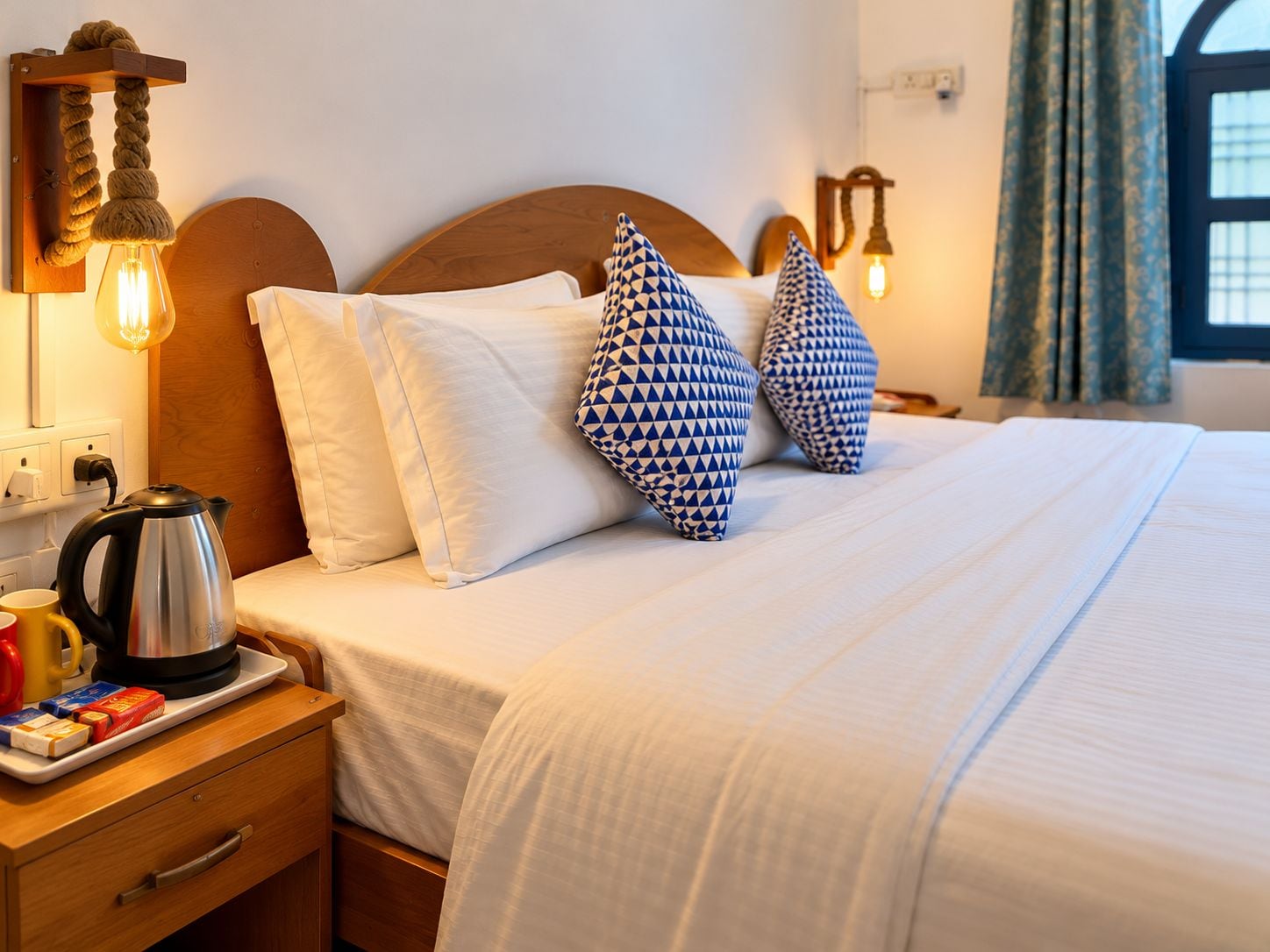 A neatly made bed with patterned pillows, a bedside table with a kettle and books, and a wall-mounted lamp.