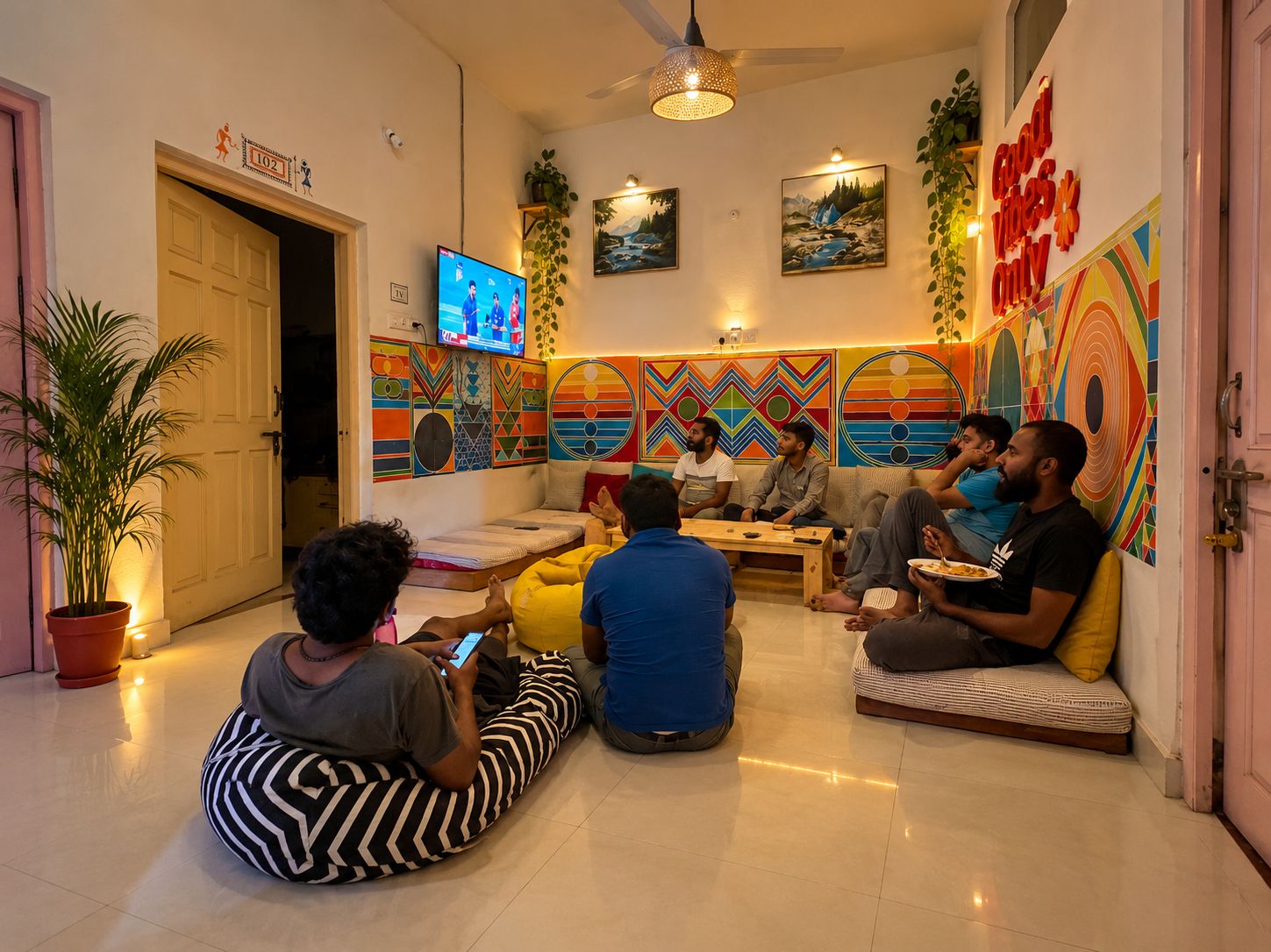 A living room with a television, colorful wall art, and a group of people sitting and interacting.