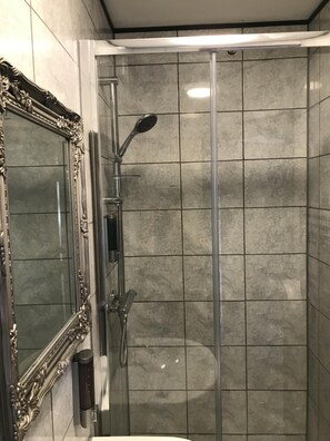 Enjoy a refreshing shower in the bathroom, featuring a handheld showerhead and wall-mounted control panel.