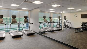 Ein Fitnessraum mit Laufbändern, einem Ergometer und einer Gewichtbank.