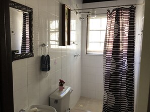 Regadera, toallas, papel de baño