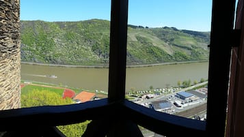 Blick aus einem Fenster auf einen Fluss, grüne Hügel und ein Sportplatz.