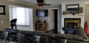 Smart TV, fireplace, video games, DVD player
