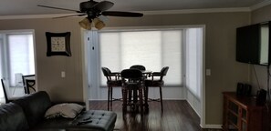 Smart TV, fireplace, video games, DVD player