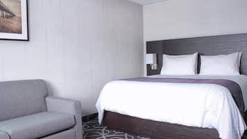 Una habitación de hotel con una cama, un sofá gris y un cuadro en la pared.