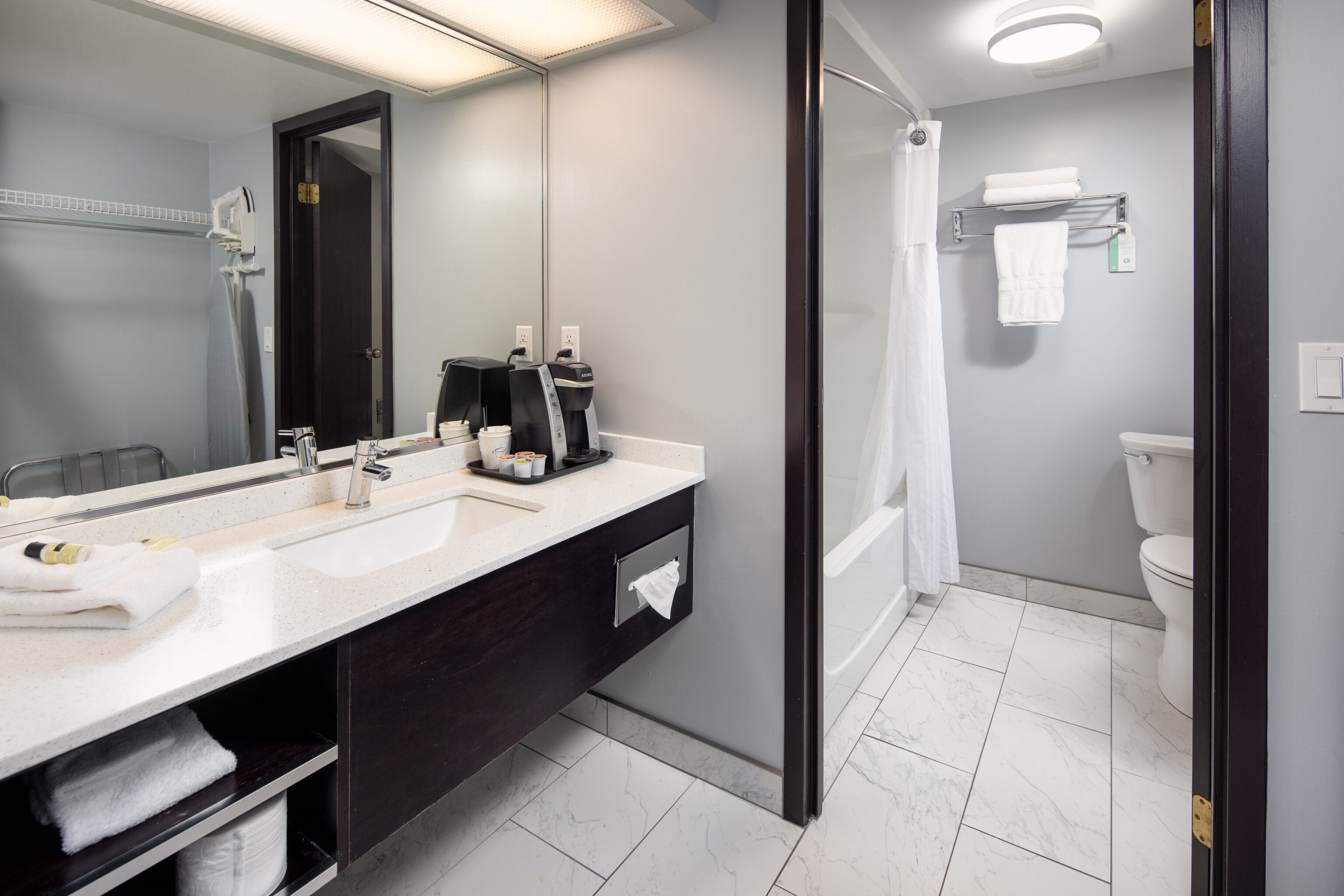 deluxe room | bathroom | shower, hydromassage showerhead, free toiletries, hair dryer