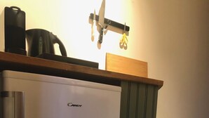 Ein kleiner Küchenbereich mit einem weißen Kühlschrank, einer Holz Arbeitsplatte und einem grünen Schrank.