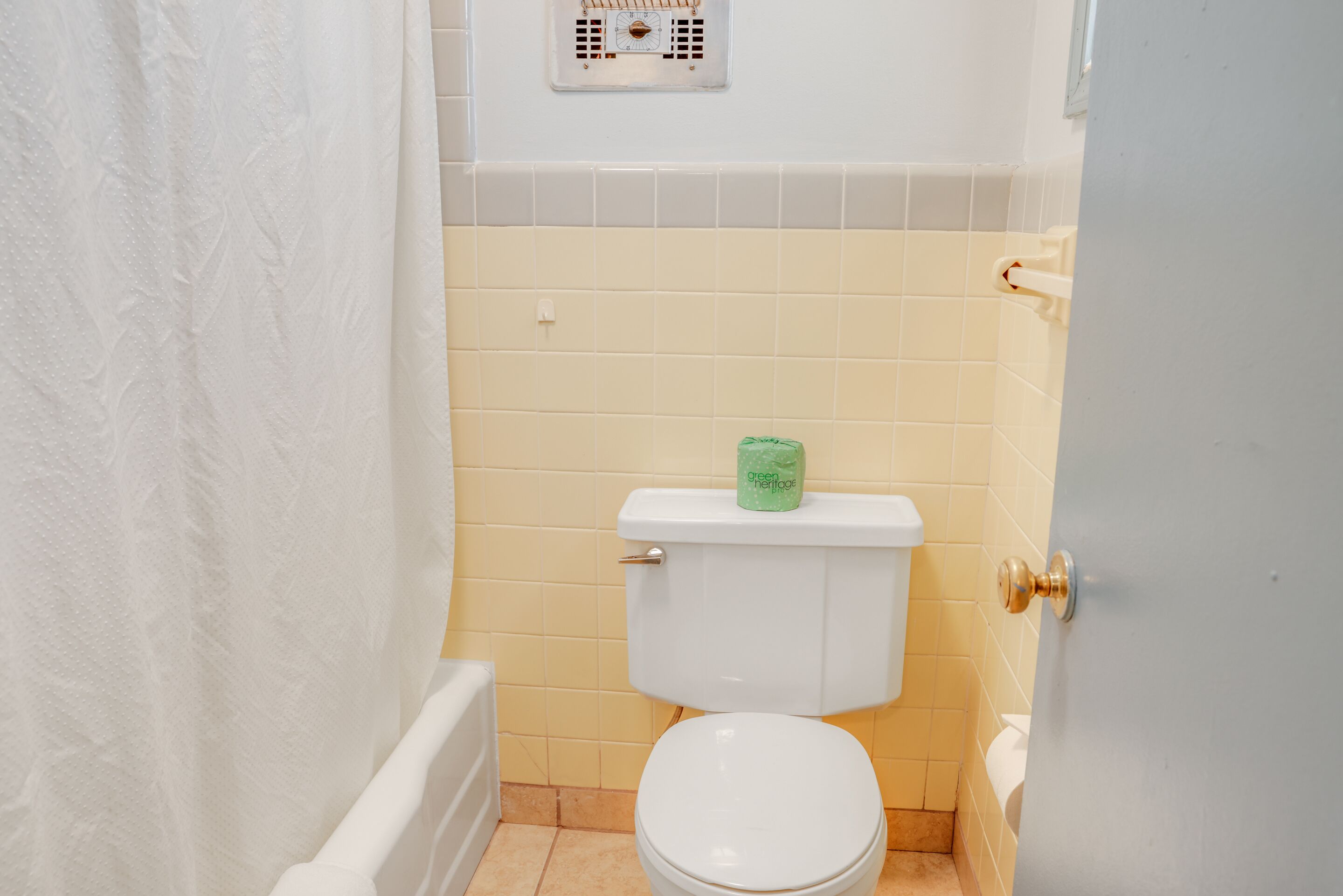 A small bathroom with a toilet, a green toilet paper holder, and a white bathtub.