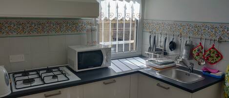 Fridge, microwave, stovetop, electric kettle