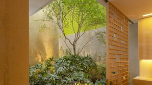 Un interior moderno con vistas a un jardín, un banco de madera y una separadora con diseño de celosía.