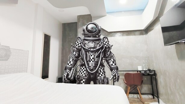 A modern bedroom with a unique ceiling design, a bed, a desk, and a chair. - Hoftors (Bangkok)