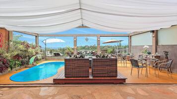 2 piscinas internas, funciona das 10h às 19h, guarda-sóis