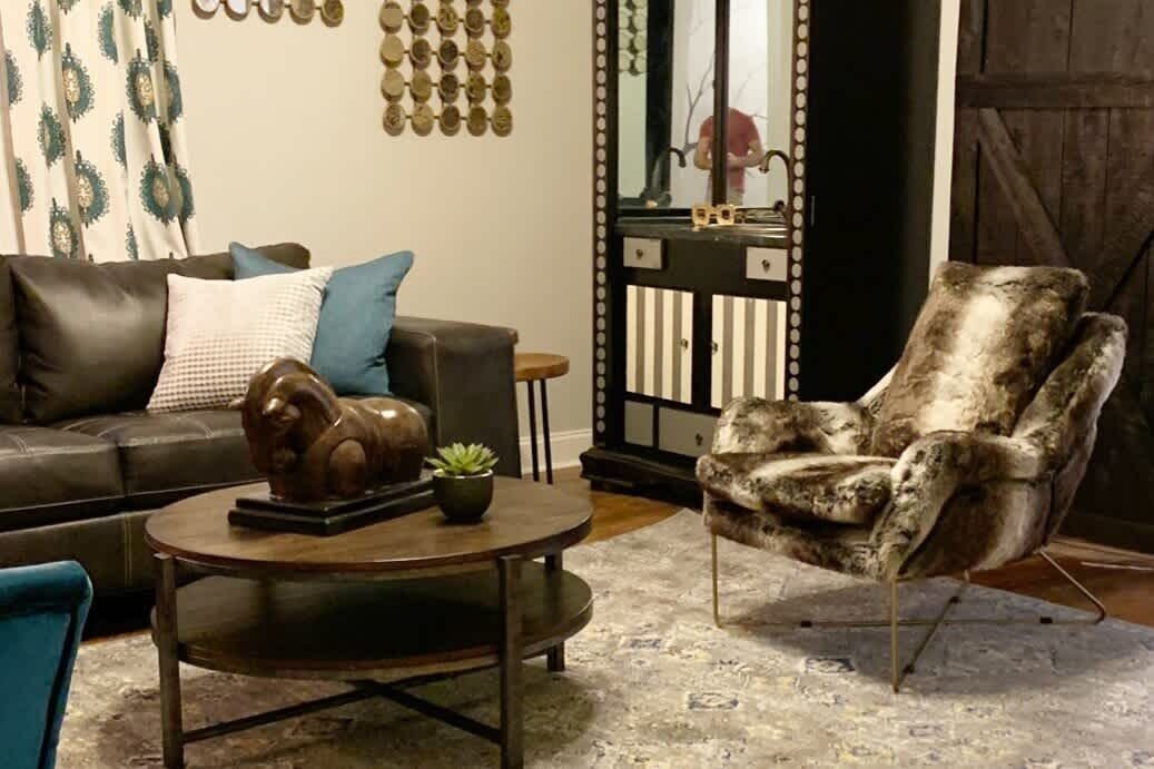 Smart TV, fireplace, foosball, music library