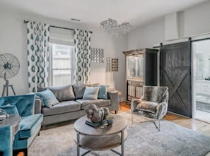 Smart TV, fireplace, table football, music library