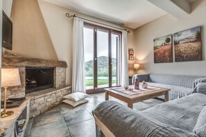 Smart TV, fireplace, DVD player, books