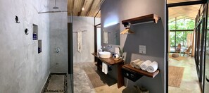 Dusche, umweltfreundliche Kosmetikartikel, Haartrockner, Handtücher