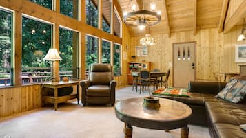 Télévision, cheminée, lecteur de DVD, livres