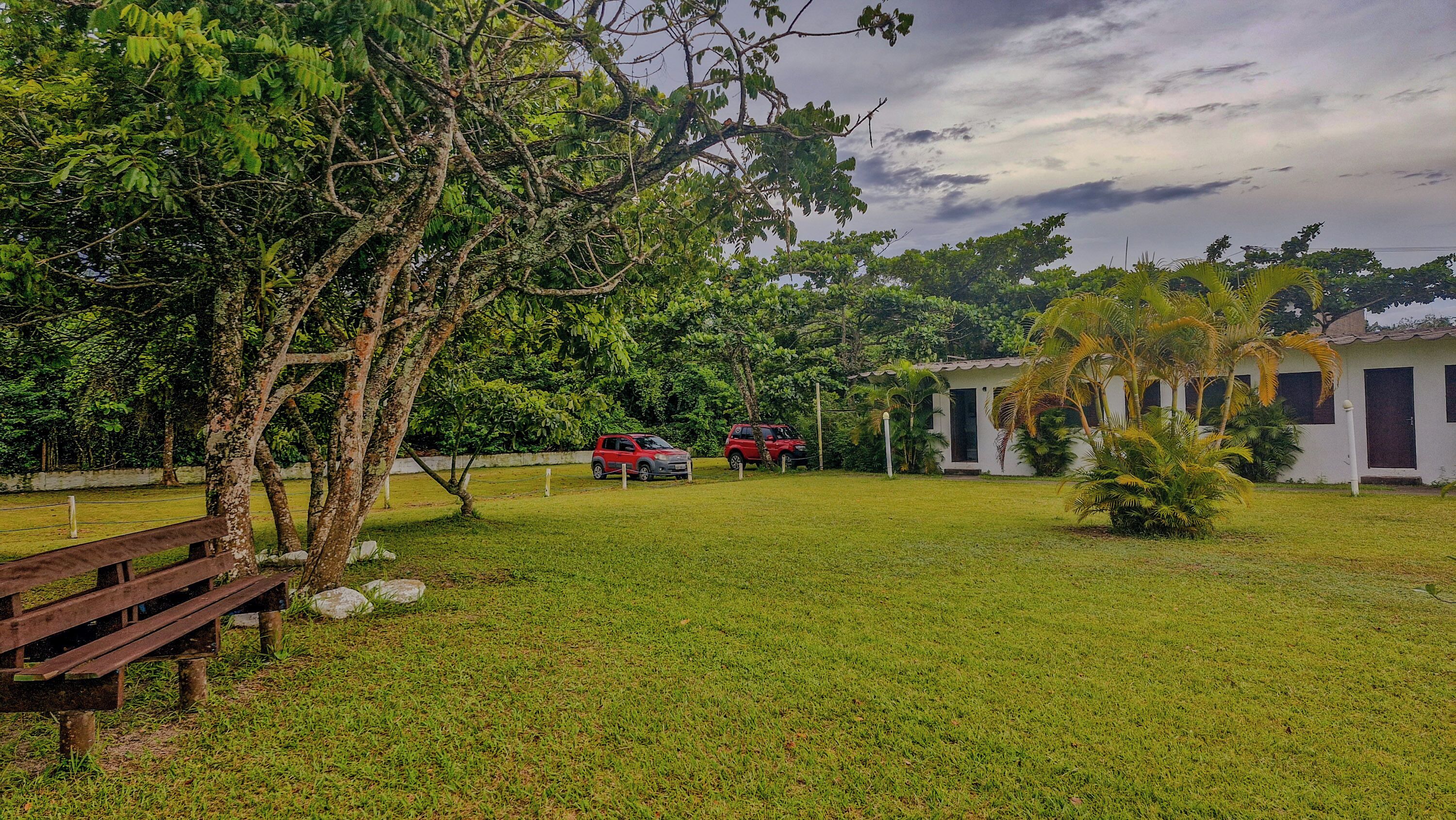 A grassy area with a wooden bench, two red cars parked, and a white building with a porch in the background.
