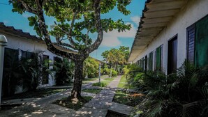 A pathway flanked by lush greenery and a tree, leading to a building with a white facade and green shutters. - Samburá Chalets (Ilha Comprida)
