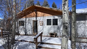 A wooden cabin with a sloped roof, a wooden door, and a window with shutters.