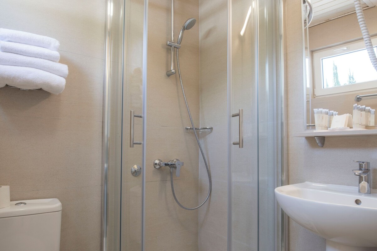 A modern bathroom with a glass-enclosed shower, a toilet, and a sink.