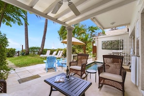 A covered patio with outdoor furniture, a pool, and a view of the ocean.