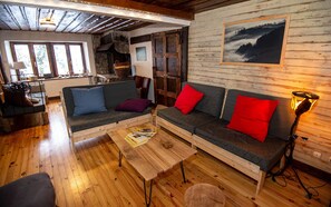 Televisie, een open haard, een dvd-speler en boeken