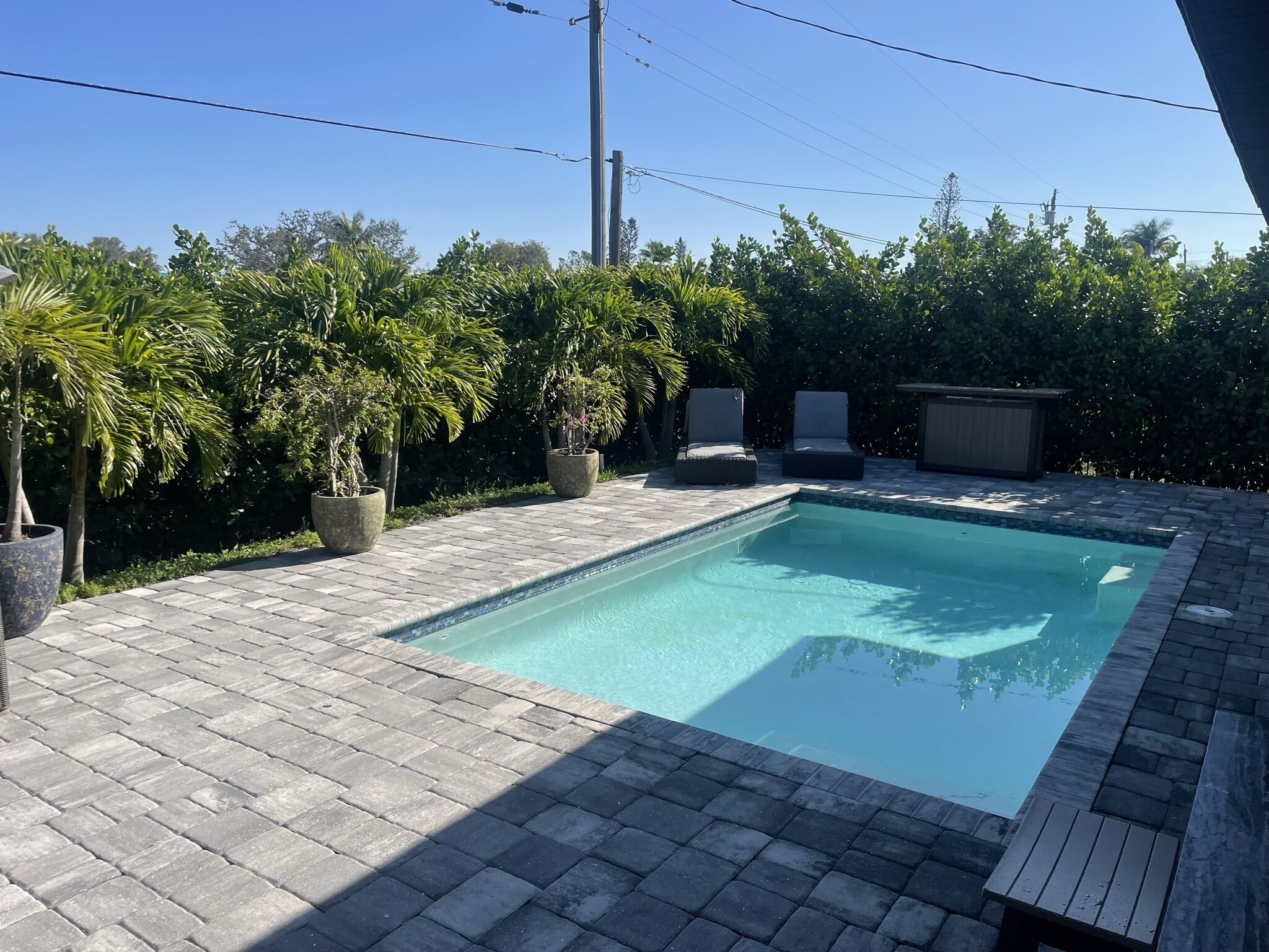 A rectangular swimming pool with a tiled deck, surrounded by potted plants and outdoor furniture.