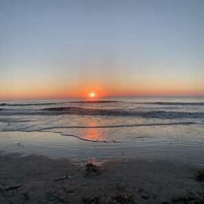 On the beach, sun-loungers, beach towels