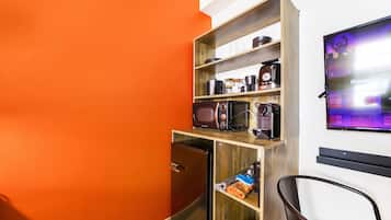 Desk, laptop workspace, blackout curtains, iron/ironing board