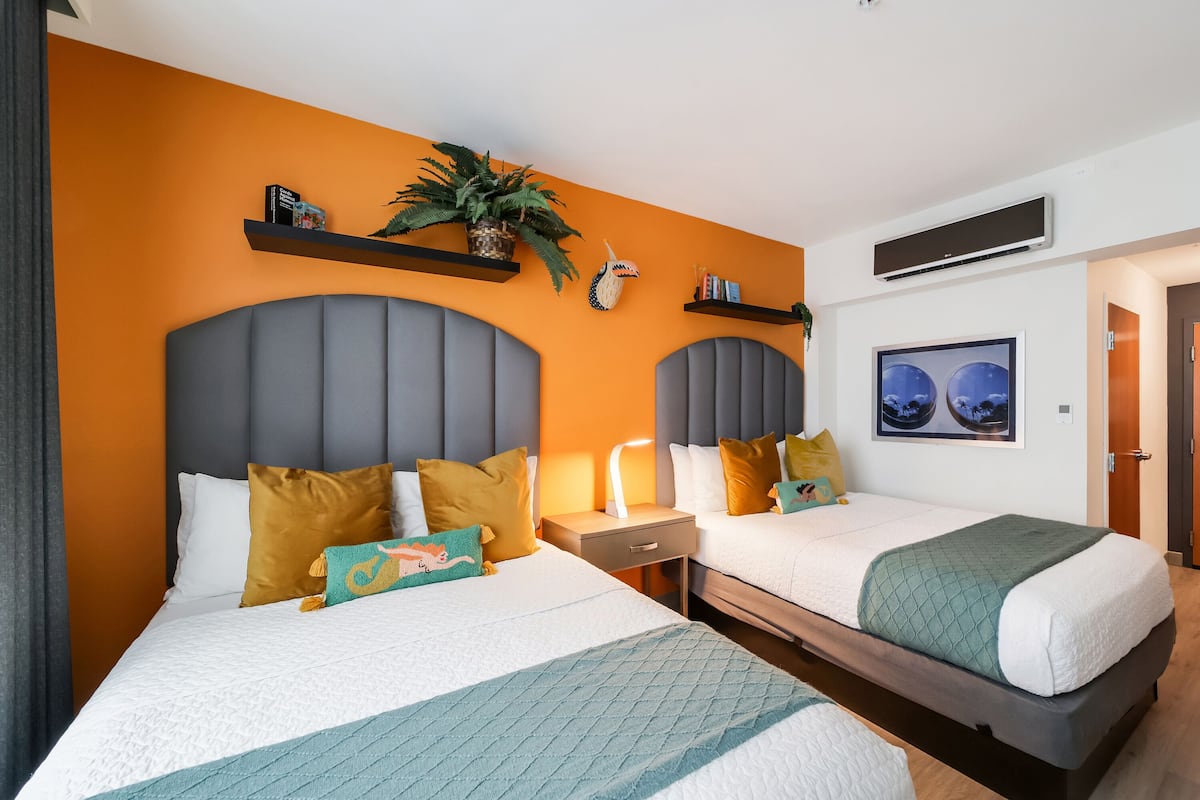 Standard Double Room, Multiple Beds, Private Bathroom (Self check-in) | Desk, laptop workspace, blackout drapes, iron/ironing board