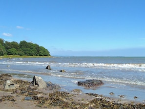 A beach with rocky shoreline, waves, and a forested area in the background.