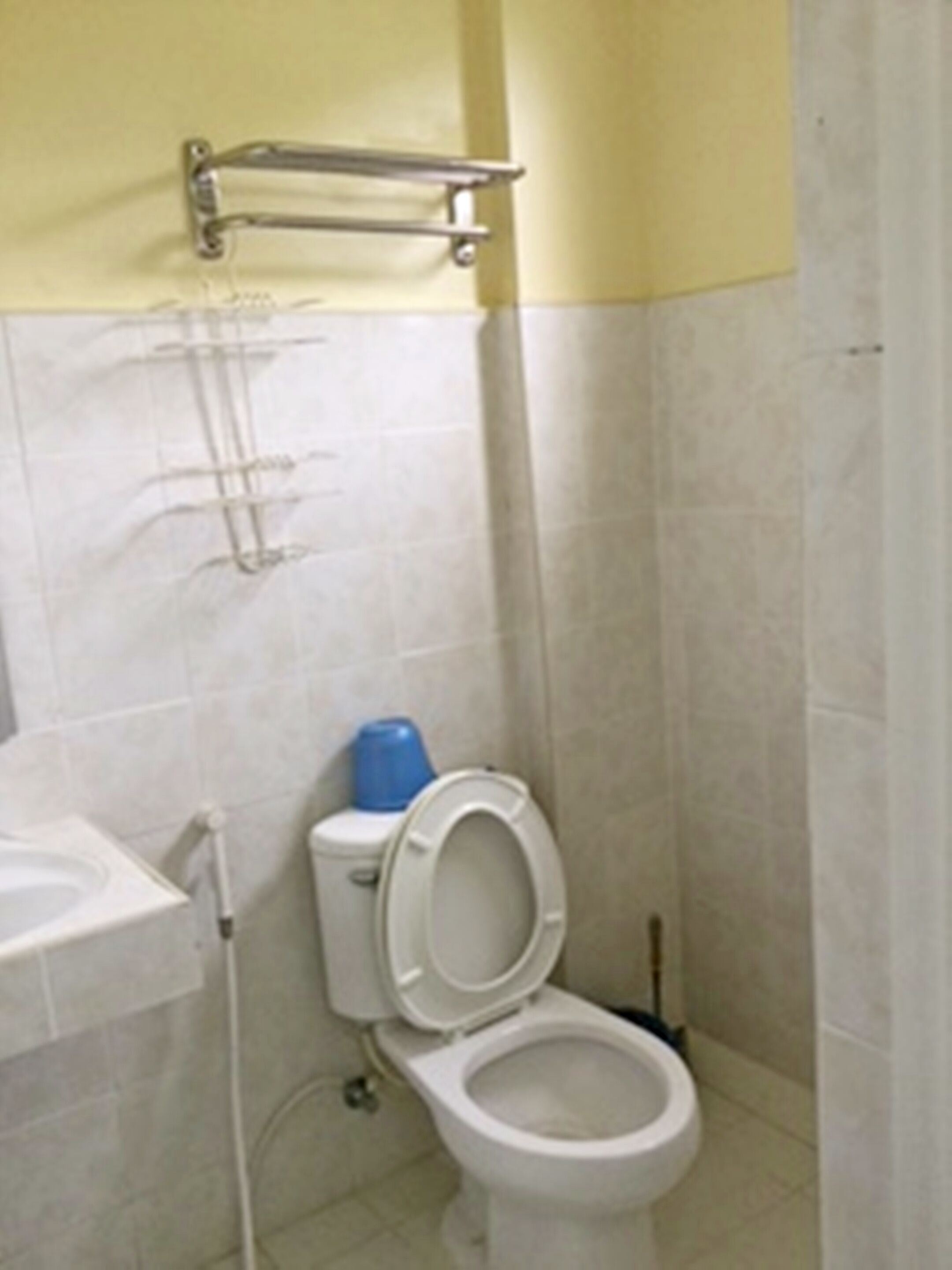 Ein Badezimmer mit Toilette, Waschbecken und einer Duschvorhang.