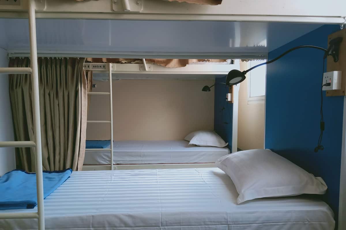 A bunk bed room with a ladder, a single bed with a pillow, and a curtain.