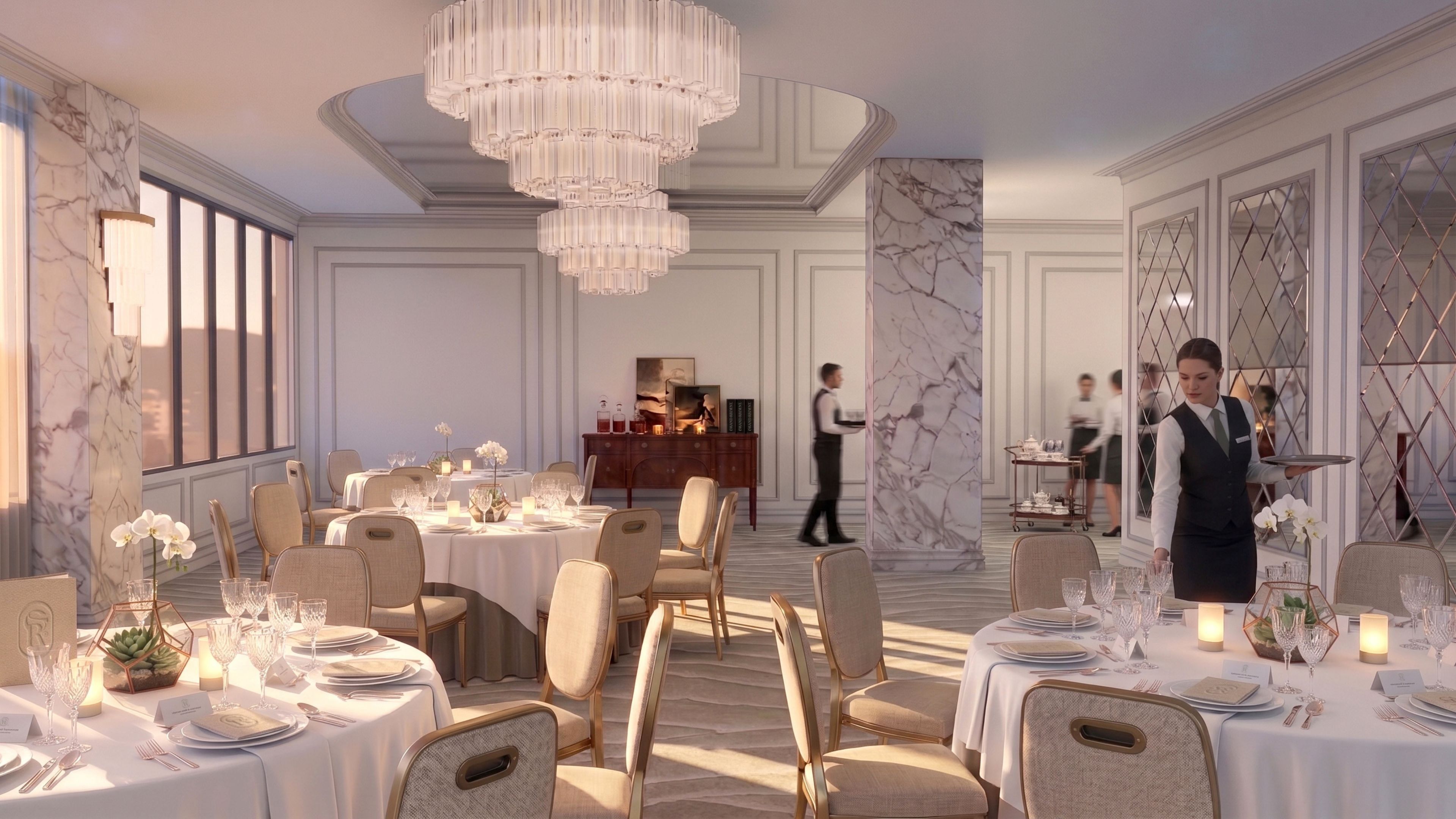 A hotel dining area with round tables, chairs, chandeliers, and a bar area.