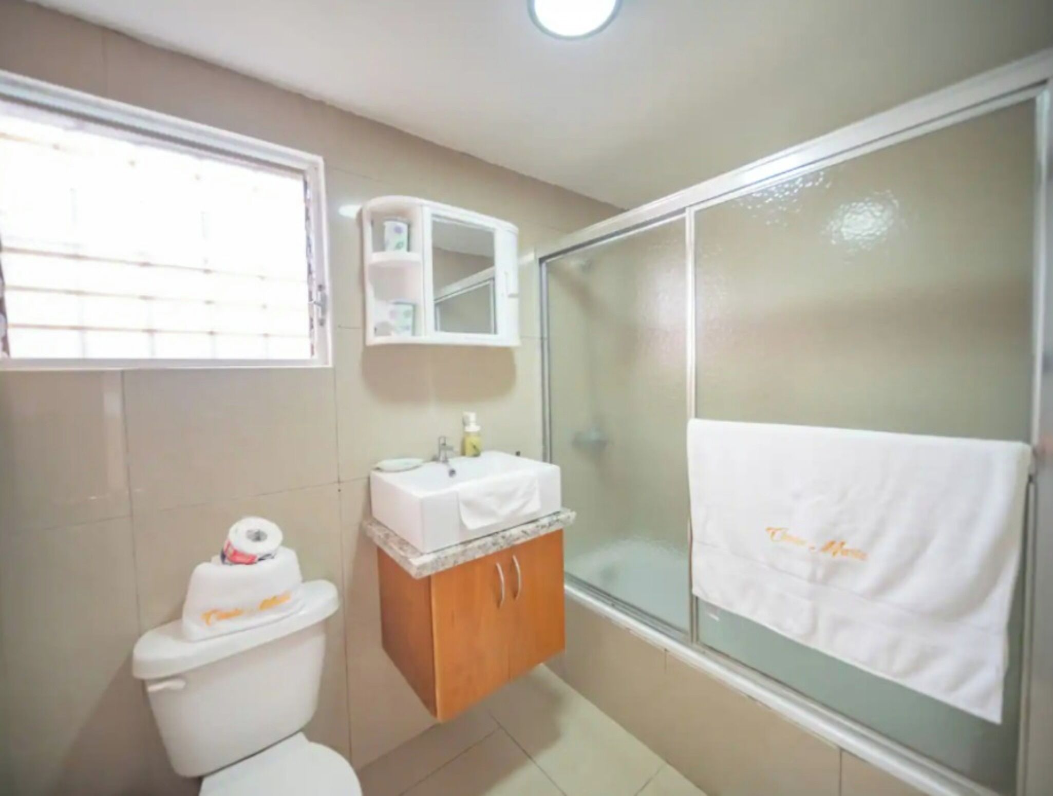 Combined shower/tub, towels