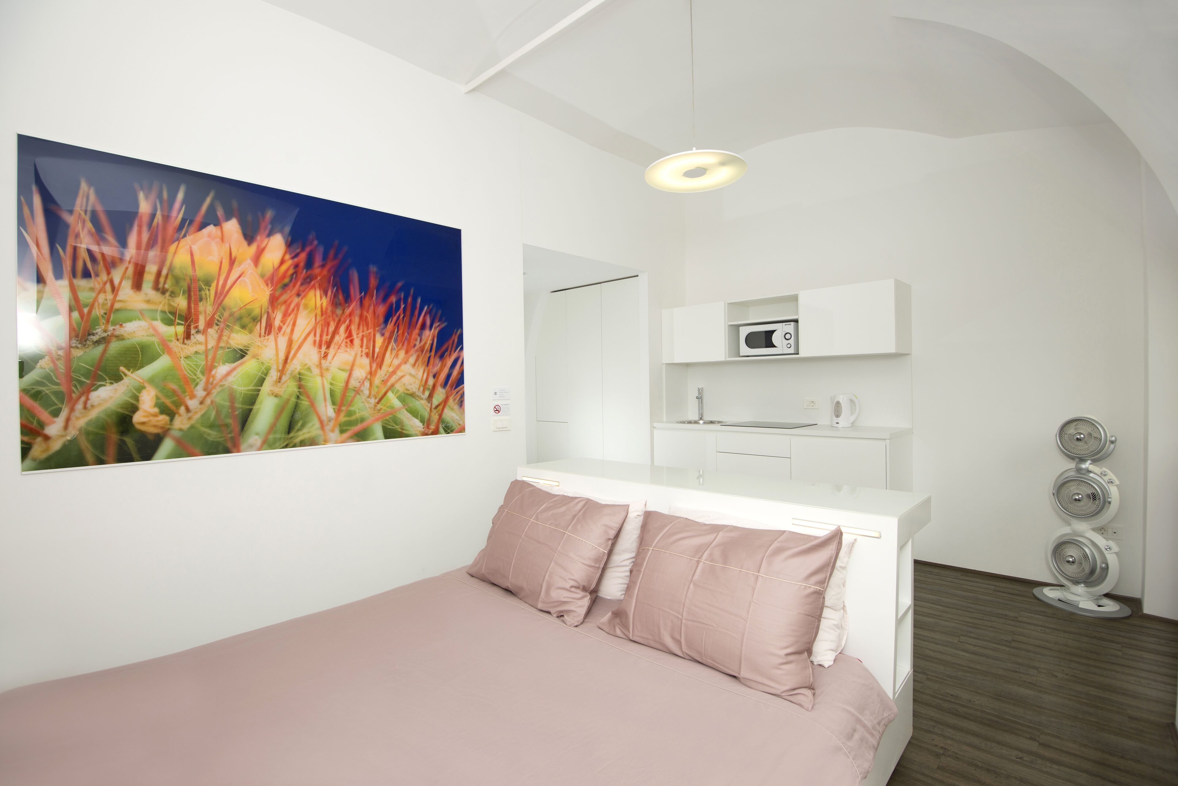 Un dormitorio moderno con cama, un cuadro grande de un cactus, un armario blanco y una pequeña kitchenette.