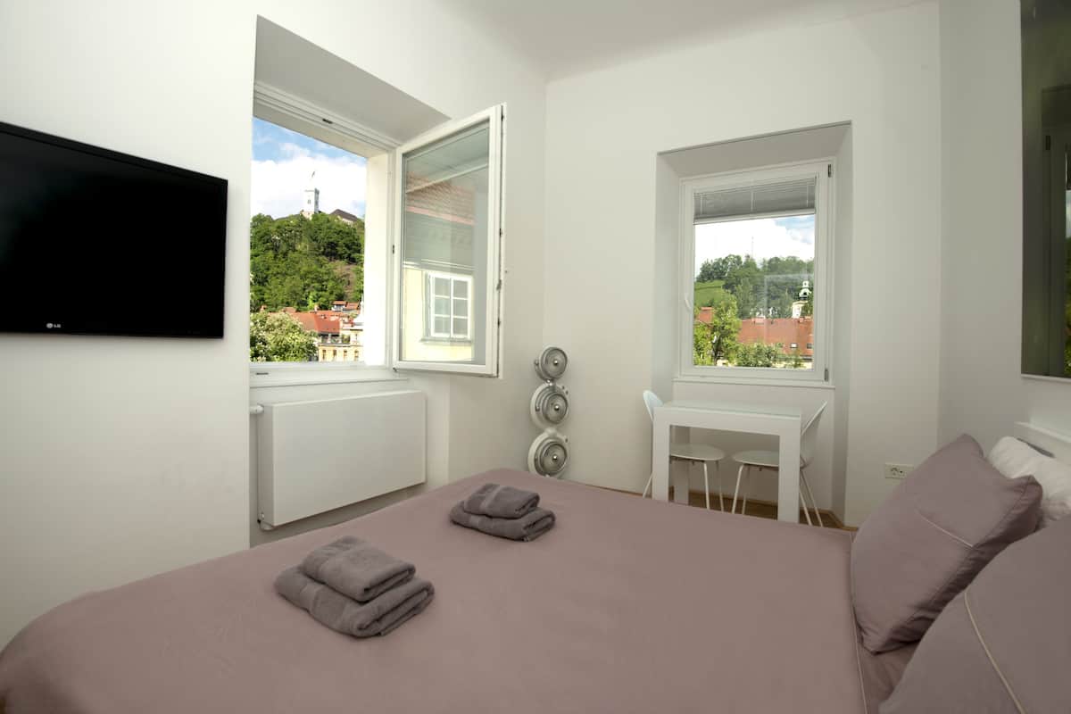 Une chambre à coucher avec un lit, deux fenêtres, une télévision et un bureau.