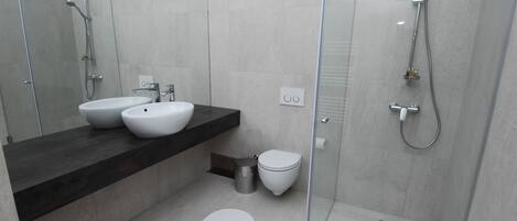 Un baño moderno con ducha envuelta en vidrio, un lavabo blanco y un inodoro.