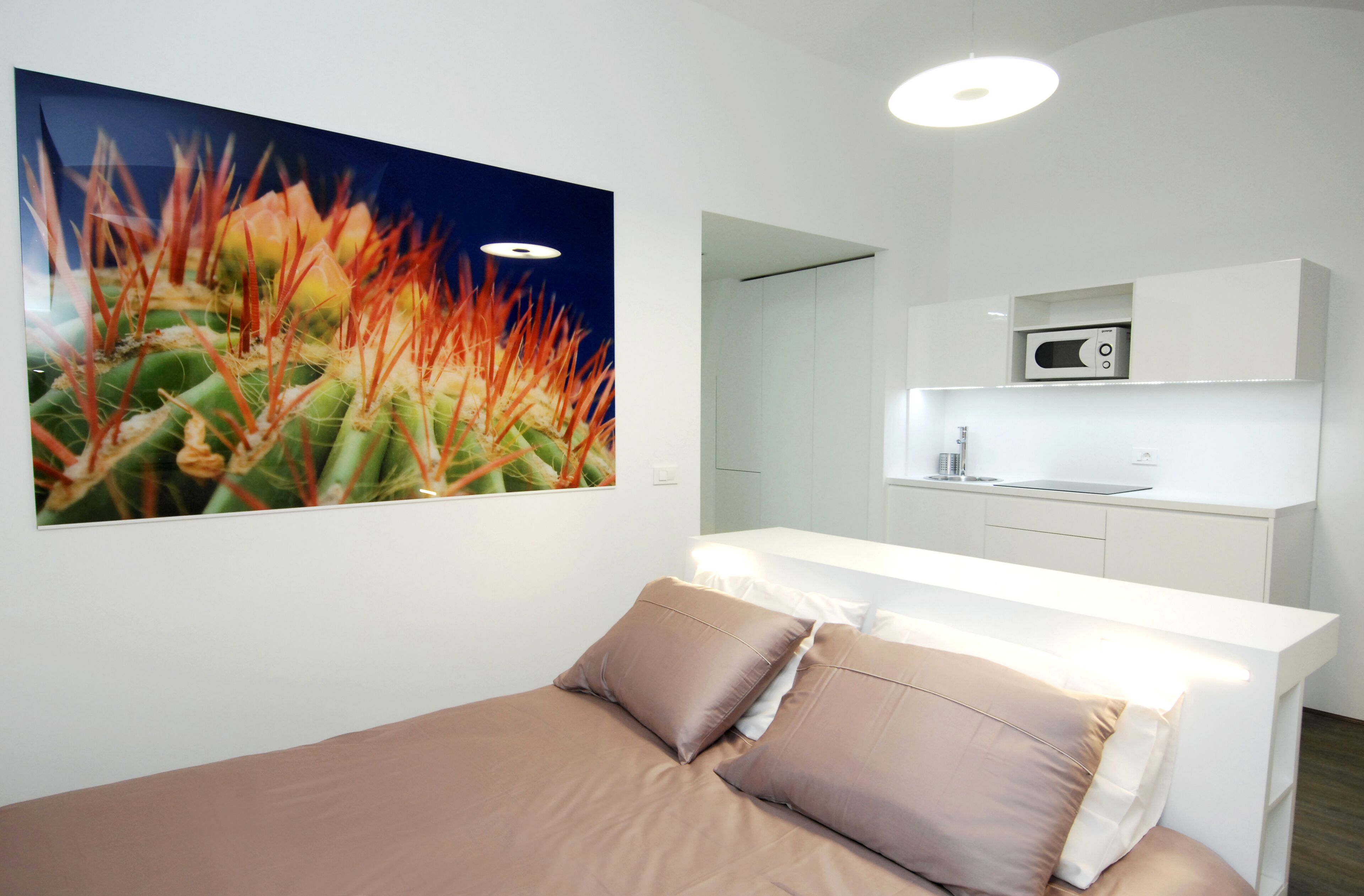 A modern bedroom with a bed, pillows, a painting, and a kitchenette.