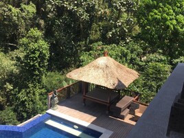 Una terraza de madera con un pabellón de techo de paja, piscina y exuberante vegetación al fondo.