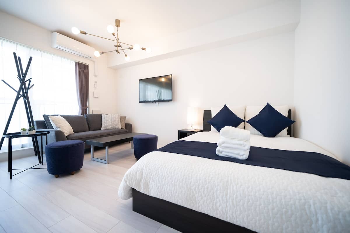 1 bedroom, desk, laptop workspace, blackout curtains