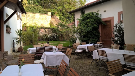 Dinner served, international cuisine, garden views