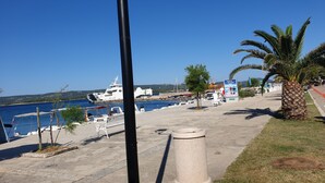 A marina with boats, a palm tree, and a clear blue sky.