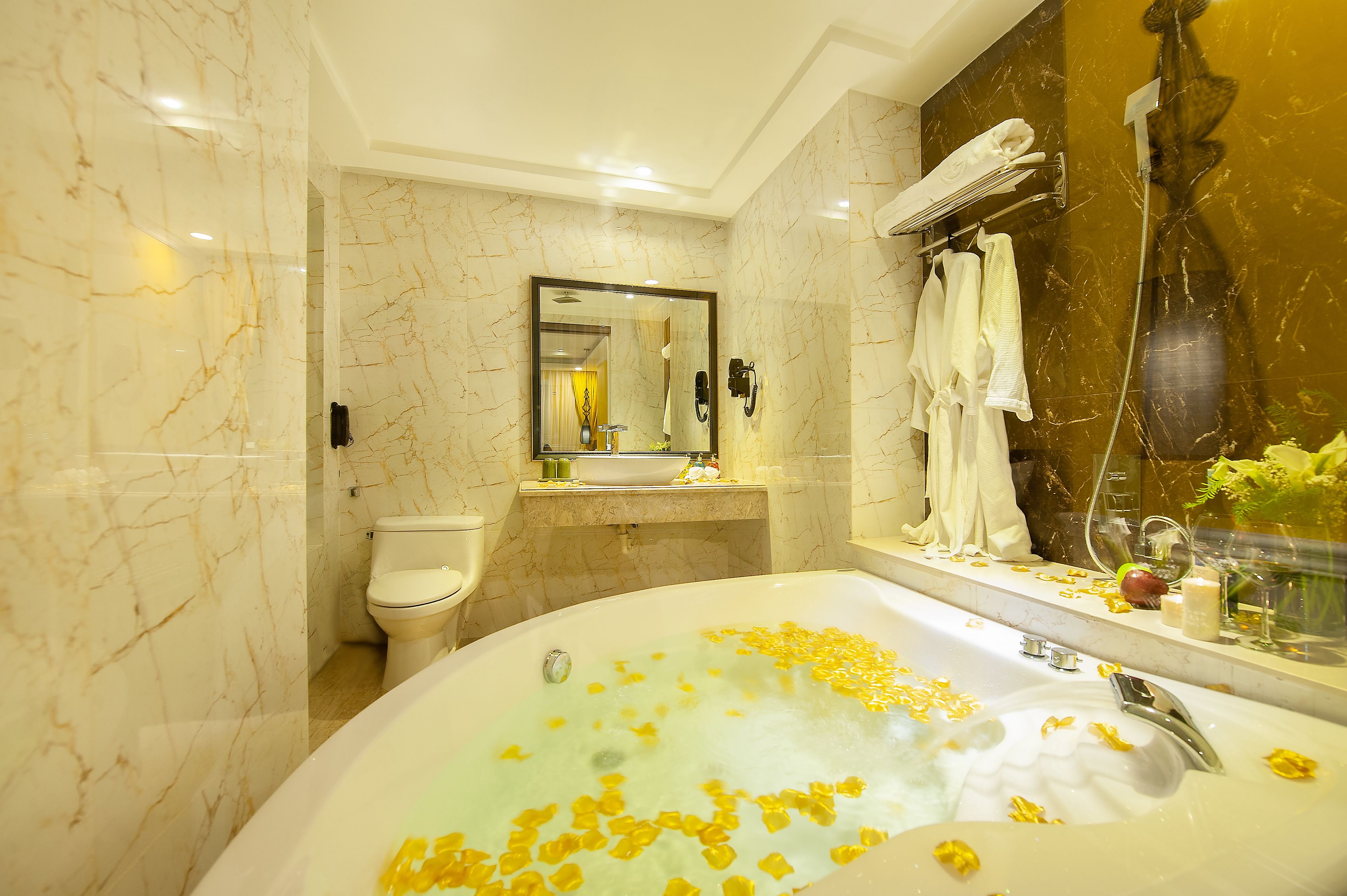 free toiletries, hair dryer, bathrobes, slippers