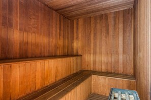 Un sauna avec des murs et des bancs en bois.