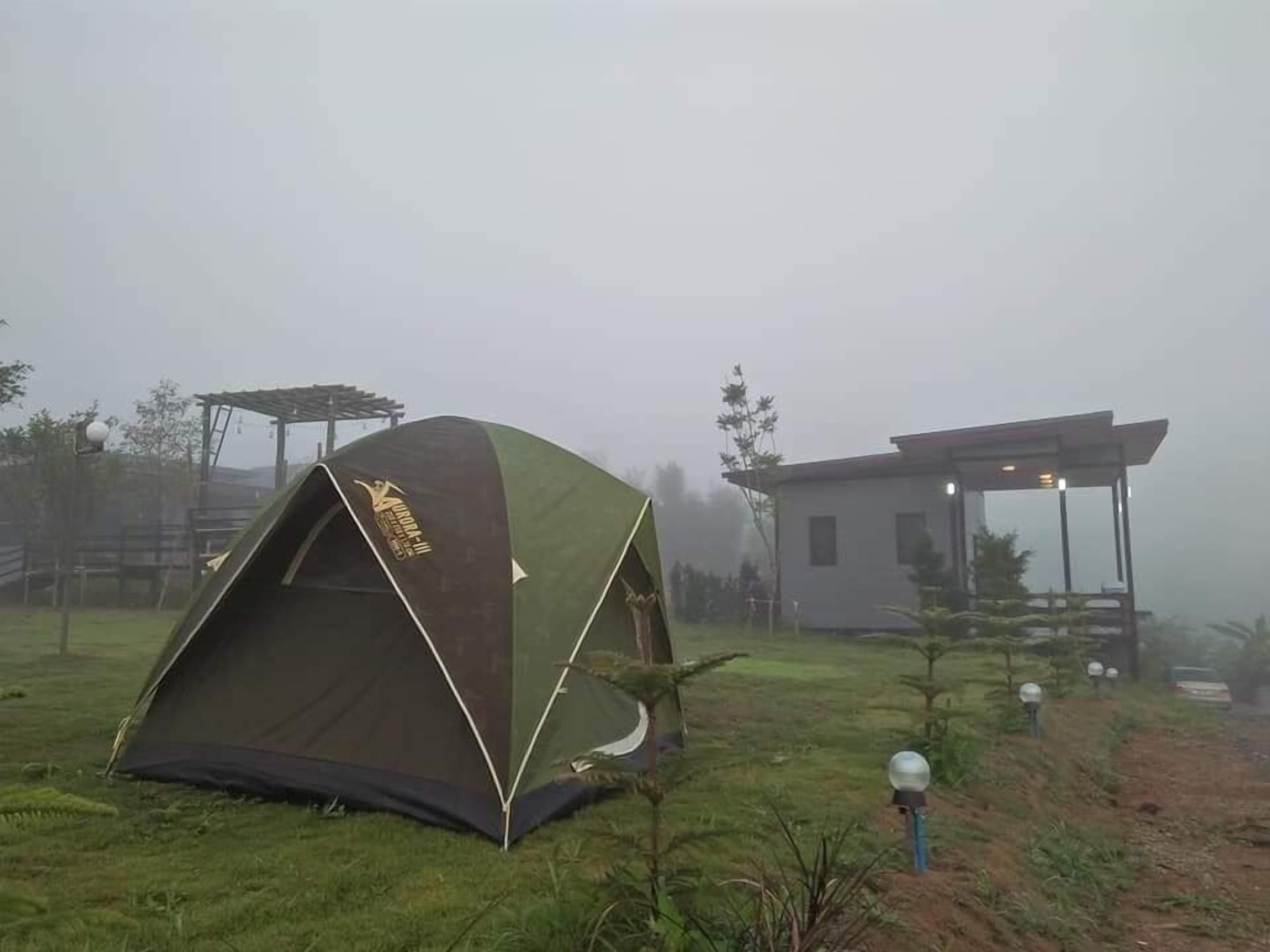 Una carpa montada en un área verde con un edificio pequeño al fondo.